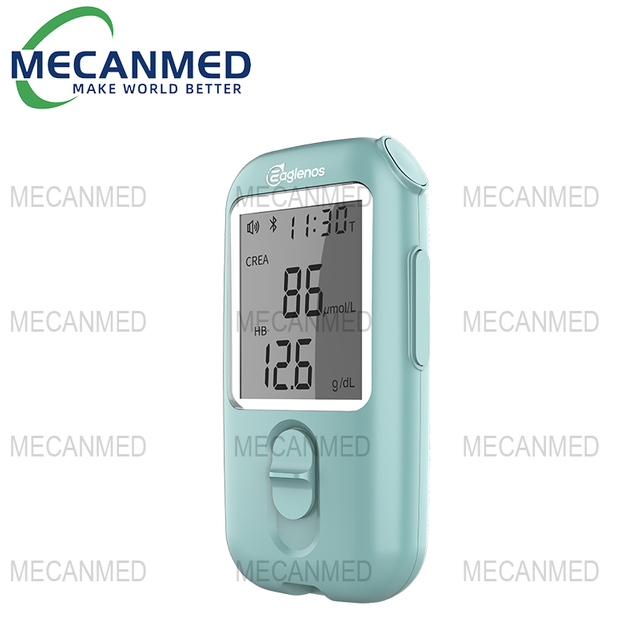 MECANMED 휴대용 크레아티닌 측정기는 가정 건강 모니터링을 위해 86μmol/L 크레아티닌 및 12.6g/dL 헤모글로빈 결과를 표시합니다.